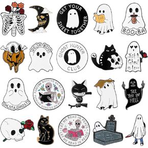 Sasylvia 20 Pcs Halloween Pins Skull Spooky Skeleton Pins Horror Dark Goth Ghost Brooch Pins Cute Mini Lapel Pins for Women Men Bag Jacket Backpack Hat Pant Clothes Accessories (Black Cat)
