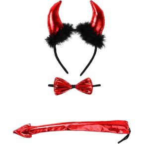 BinaryABC Halloween Devil Costume Set,Devil Headbands Bow Ties Tail Set,Halloween Devil Costume Accessory(Black)