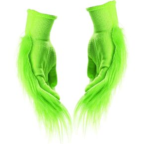 Christmas Green Furry Hand Gloves Adult for Halloween Role Playing Green Monster Costume Accessories, Full Finger Short Bright Fur Furry Gloves Christmas Dressing Props