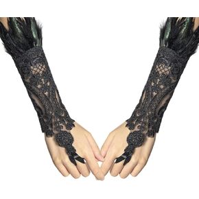 Halloween Women's Black Feather Lace Long Gloves Black Gothic Feather Fingerless Lace Gloves Halloween Costume Wrist Cuffs for Women Halloween Cosplay Party Decoration 1 Pair