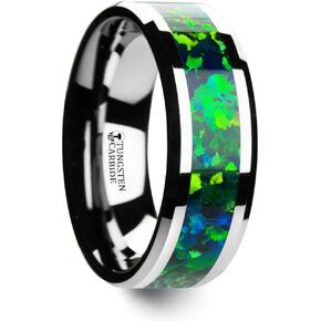 PHOTON Tungsten Ring Wedding Band with Beveled Edges and Green Blue Opal Inlay