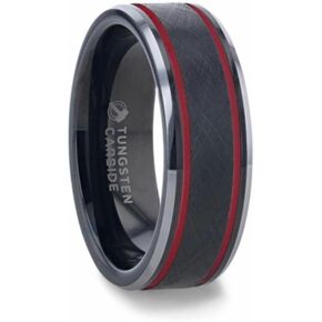 Mens Black Tungsten Wire Finish Centered Double Red Stripe Wedding Ring - Polished Beveled Comfort Fit - 8mm Wide - Style name: OLIS