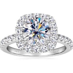 2CT Halo Moissanite Engagement Rings D Color Lab Created Diamond Anniversary Rings Platinum Plated Sterling Silver Square Engagement Ring for Women with GRA Certificate