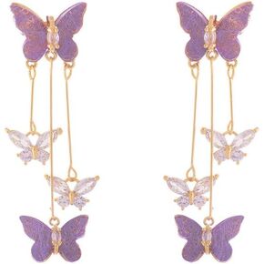 Purple Butterfly Tassel Style Zircon Earrings for Women Crystal Rhinestone Drop Earrings Long Butterfly Dangle Earrings Wedding Jewelry Gifts for Women