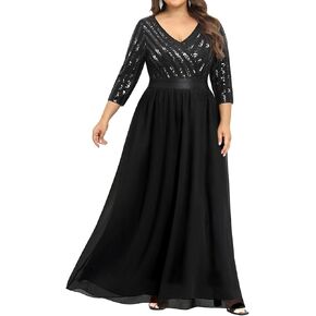 Womens Plus Size Formal Dresses - V Neck 3/4 Sleeve Sequin Prom Evening Gowns Long Maxi Dress