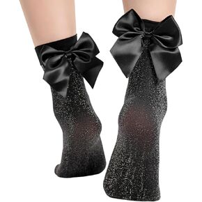 MANZI 3 Pairs Women Glitter Bow Socks Sparkly Ankle Socks Black Socks with Satin Bows Lace Girly Metallic Stocking Socks