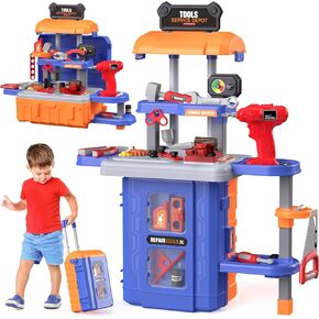 3 in 1 FunMission Kids Tool Bench Set, Toddler Tool Set, Kids Workbench with Realistic Toy Tool Box ＆ Electronic Toy Drill, Transformable Toddler Tool Bench, Toy Tool Set Present for Kids Ages 3+