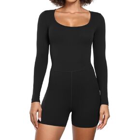 CRZ YOGA Butterluxe Athletic Rompers for Women Long Sleeve Scoop Neck Short Jumpsuits Stretchy Workout One Piece Bodysuit