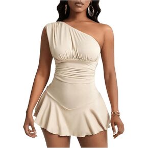 WDIRARA Women's One Shoulder Ruffle Trim Sleeveless Jumpsuit Ruched Asymmetrical Romper Shorts