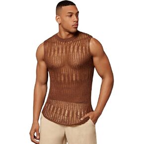 COZYEASE Men's Solid Pointelle Knit Top Round Neck Sleeveless Solid Casual Plain Tee Top