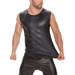 Men Sexy Leather Tank Top, Shiny Soft Matte Leather, Elastic, Male Black Leather T-Shirt