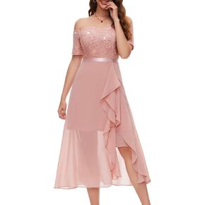 BeryLove Women Sequin Formal Party Dress One Shoulder Wedding Cocktail Midi Evening Dress