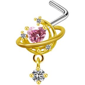 Angel Wing Moon Pink Heart CZ Cubic Zirconia Nose Studs L Shaped 20g Nose Rings for Women Girls Nose Piercing Jewelry Surgical Steel 18K Gold Plated Hypoallergenic Piercing Jewelry Trendy Unique Dainty Gifts