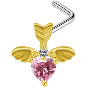 Angel Wing Moon Pink Heart CZ Cubic Zirconia Nose Studs L Shaped 20g Nose Rings for Women Girls Nose Piercing Jewelry Surgical Steel 18K Gold Plated Hypoallergenic Piercing Jewelry Trendy Unique Dainty Gifts