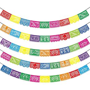 Asoulin 5 PCS 90 Ft Mexican Party Banners, Fiesta Party Decoration, Plastic Papel Picado, Dia De Los Muertos, Day of The Dead Decoration, Cino de Mayo Mexico Halloween Decor, 12 Patterns/90 Feet Total