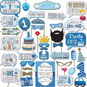 1st Birthday Boy Photo Booth Props - 41-pc Photobooth Kit with 8 x 10-Inch Sign, 60 Adhesive Pads, 45 Sticks - Photo Booth Props 1st Birthday - First Birthday Photo Kit