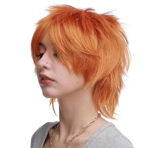 Benehair Short Cosplay Wigs Unisex Short Spiky Layered Anime Cosplay Wigs Fluffy Fashion Dark Orange Cosplay Wig for Men Women Cosplayer Synthetic Straight Cosplay Wig for Halloween Party