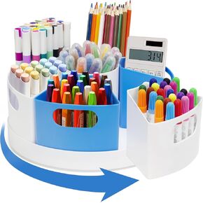 Rotating Art Supply Organizer Storage Caddy for Kids - 7 Bins Craft Marker Crayon Organizer for School Desk, Lazy Susan Pencil Holder for Classroom Organization, Homeschool Supplies