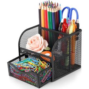 Mesh Desk Organizer, Pen Holder For Desk, Desktop Organizer, Multi-Functional Pencil Holder, Desk Caddy Stationery Accessories with 4 Compartments+Drawer For Office School Art Supplies(Black)