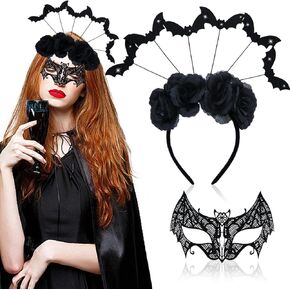 2 Pcs Elegant Halloween Black Bat Lace Mask Adjustable Hair Clasp Accessories Dark Bat Queen Cosplay Masquerade