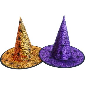 Halloween Spiderweb Witch Wizard Hat. Spiderweb Costume Party Hat. One Size Fits Most. Fancy Dress Accessory for Adults - Ideal for Various Occasions. Pack of 2 (Orange & Purple)