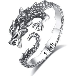 INFUSEU 925 Sterling Silver Dragon Open Rings for Women Men Cute Jewelry Gifts
