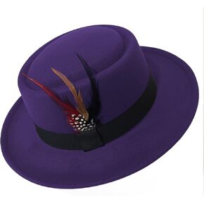 Classic Pork Pie Hat with Feathers Flat Top Fedora, Vintage Panama Hat, Warm Comfortable Hat Jazz Hat