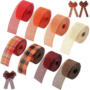 Waydress 8 Rolls 32 Yards Fall Burlap Ribbon 1 Inch Fall Autumn Plaid Ribbon for Floral Bows Crafts Wreath Gift Wrapping Thanksgiving Decorations Outdoor 8 Colors