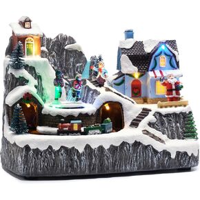 Valery Madelyn Christmas Village Scene with LED Lights and Moving Train, Battery Operated Musical Resin House for Christmas Home Indoor Decorations,Santa Claus and Winter Wonderland Cottage, 8.6 Inch