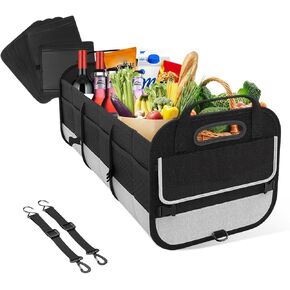 Large Organizer for Car, 95L Stretchable Storage Trunk Organizer with Divided Compartments, Fixed Big Trunk Organizer with Handles & Adjustable Straps, Car Accessories (Black & Red)