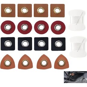 18 Pack Clothes Eyelets Faux Leather Sewing Eyelet Patches Square Round Shape Applique with Thread Needle for Hoodie Drawstrings Sweatpants Sweatshirt Jacket Coat Shorts Pants Trunks Hats