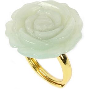 Justinstones Carved Natural Gemstone Daisy Flower Promise Ring 25mm Romantic Rose Bud Adjustable Stacking Ring Gift For Her (Adjustable size:8 to12)