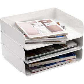Okllen 3 Pack Stackable Desktop Letter Tray, 3 Tier Paper Document Tray Organizer, White Plastic Desk File Rack for A4 Paper, Magazine, Receipts, Office Supplies