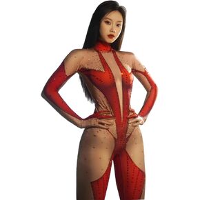 Shiny Gray Red Rhinestones Jumpsuit Gloves Women Pole Dance Halloween Nightclub Ds Dj Gogo Wear Drag Queen Costume