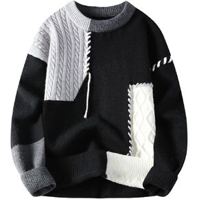 GURUNVANI Patchwork Sweater Mens Colorblock Jumper Cable Knitted Pullover Oversized