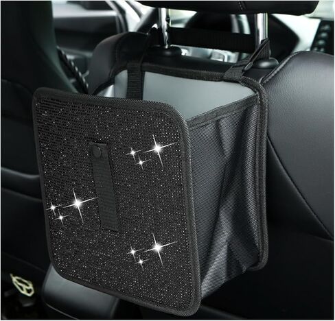 Foldable Car Trash Can, Bling Rhinestone Oxford Auto Hanging Garbage Bag, Crystal Leakproof Foldable Waste Organizer Universal for Most Vehicles, Interior Car Accessories (White) in Saudi Arabia
