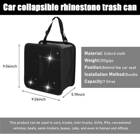 Foldable Car Trash Can, Bling Rhinestone Oxford Auto Hanging Garbage Bag, Crystal Leakproof Foldable Waste Organizer Universal for Most Vehicles, Interior Car Accessories (White) in Saudi Arabia