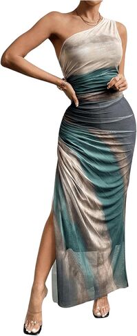 WDIRARA Women's One Shoulder Mesh Ruched Maxi Dress Tie Dye High Slit Bodycon Dresses in Saudi Arabia
