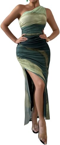 WDIRARA Women's One Shoulder Mesh Ruched Maxi Dress Tie Dye High Slit Bodycon Dresses in Saudi Arabia