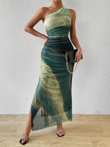 WDIRARA Women's One Shoulder Mesh Ruched Maxi Dress Tie Dye High Slit Bodycon Dresses in Saudi Arabia