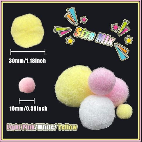 130Pcs Colorful Pompoms,Assorted Sizes and Colors Pompoms for DIY Creative Crafts Decorations(Light Pink/White/ Yellow) in Kuwait