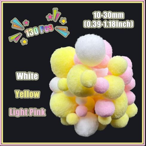 130Pcs Colorful Pompoms,Assorted Sizes and Colors Pompoms for DIY Creative Crafts Decorations(Light Pink/White/ Yellow) in Kuwait