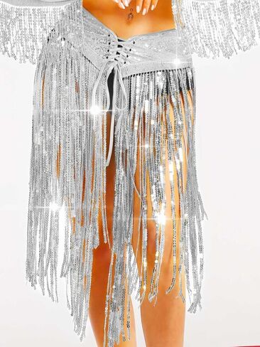 Aukmla Sequin Fringe Outfits Belly Dance Skirt Set Rave Carnival Costume Skirt with Top and Gloves for Women in Kuwait