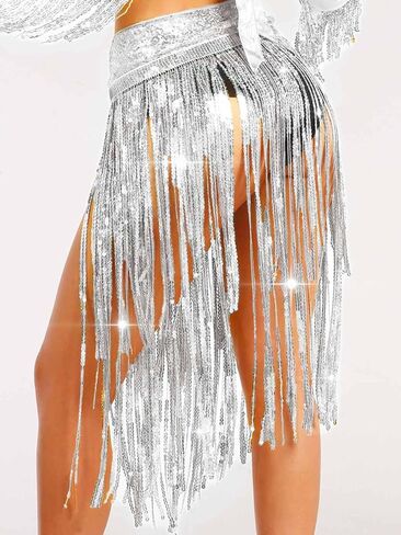 Aukmla Sequin Fringe Outfits Belly Dance Skirt Set Rave Carnival Costume Skirt with Top and Gloves for Women in Kuwait