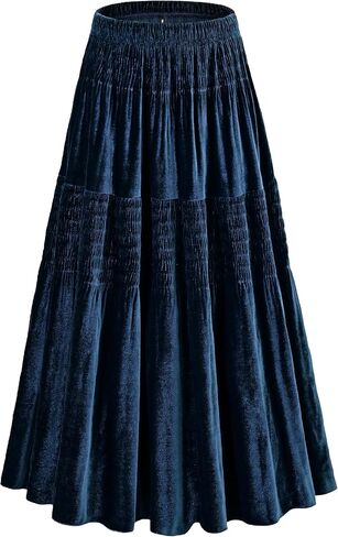 Women's Velvet Pleated Midi Skirt Elastic High Waist Fall Winter Tiered A-Line Party Long Skirts in Kuwait