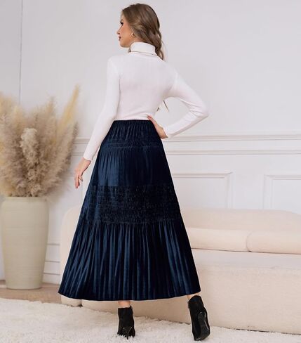 Women's Velvet Pleated Midi Skirt Elastic High Waist Fall Winter Tiered A-Line Party Long Skirts in Kuwait