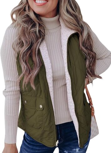SHEWIN Women Puffer Vest Casual Stand Collar Sleeveless Puffer Jacket Warm Winter Reversible Zip Up Outerwear with Pockets in Saudi Arabia