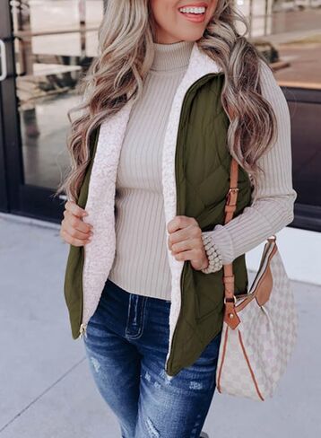 SHEWIN Women Puffer Vest Casual Stand Collar Sleeveless Puffer Jacket Warm Winter Reversible Zip Up Outerwear with Pockets in Saudi Arabia