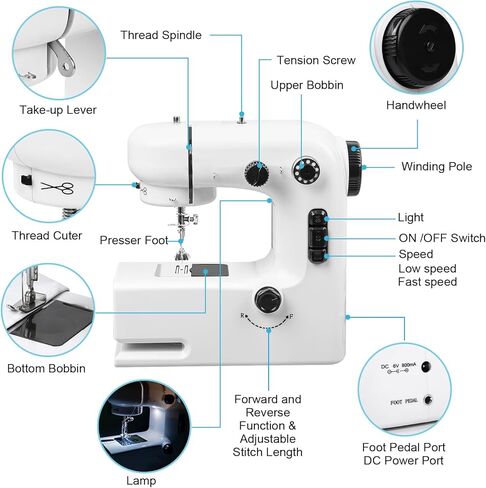 ماكينة خياطة، آلات خياطة للمبتدئين، ماكينة خياطة صغيرة قابلة للتعديل بسرعتين مع أضواء، دواسات قدم، مقبض للأمام والخلف، سهلة الاستخدام ومناسبة للملابس والأقمشة والسفر المنزلي بنفسك in Kuwait
