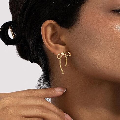 Moodear الذهب القوس الأقراط لذيذ القوس الشريط أقراط للنساء العصرية لطيف بيان 14K الذهب / الفضة مطلي هيبوالرجينيك قطرة Bowknot هوب تتدلى أقراط مجوهرات هدايا للنساء in Kuwait